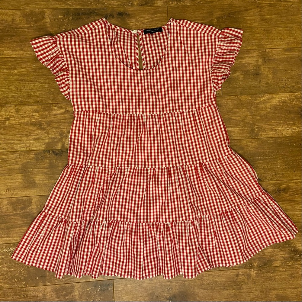 Red gingham ruffle mini-dress